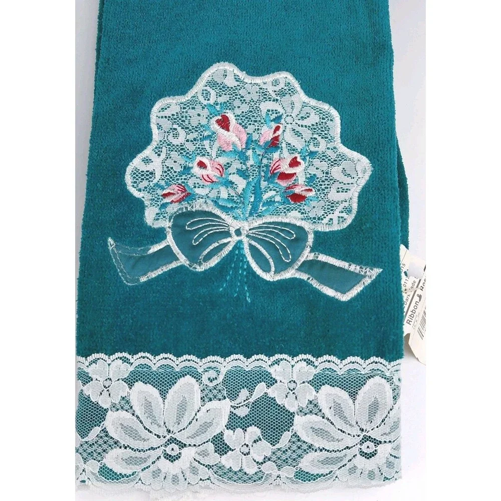 Vtg JC Penny's Cotton Lace Trim Ribbon & Rose 5 Pc Towel Set Dark Green USA NOS
